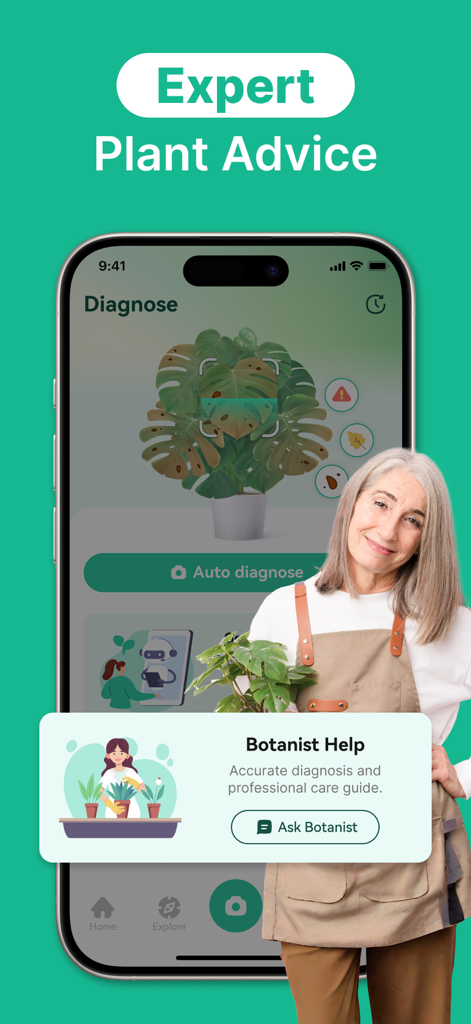 KI-Pflanzen-Identifikator-App-Oberfläche zeigt Expertenratschläge von Botanikern und Diagnosefunktionen für Pflanzenkrankheiten