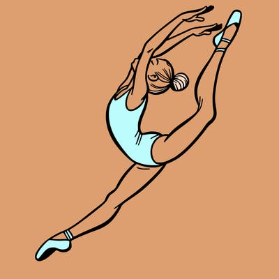 gymnast doing a leap in a leotard with a bent back leg