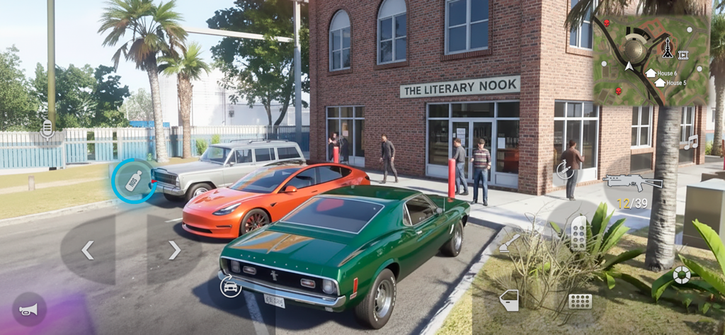 Jogabilidade de MadOut 2 mostrando carros e personagens em um ambiente de cidade de mundo aberto