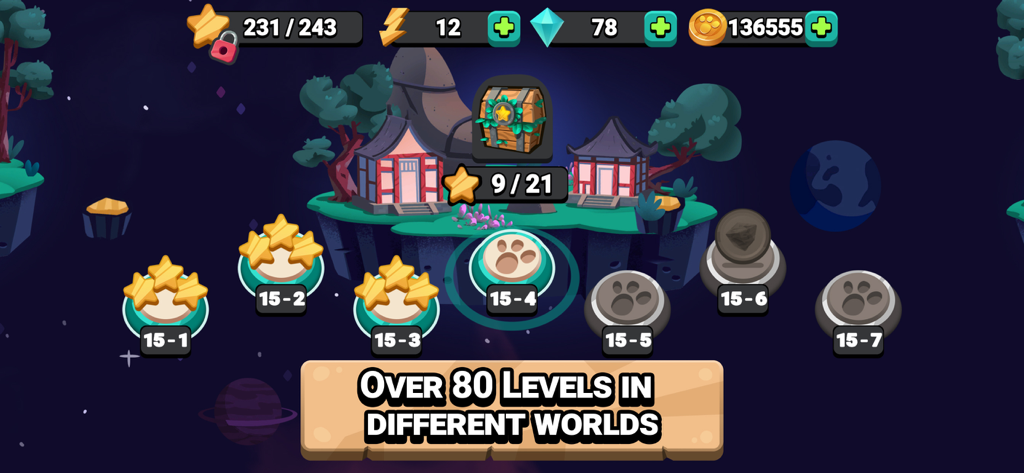 Dino Bash: Travel Through Time - A level selection map in Dino Bash showing a floating island with traditional Asian buildings and numbered levels.