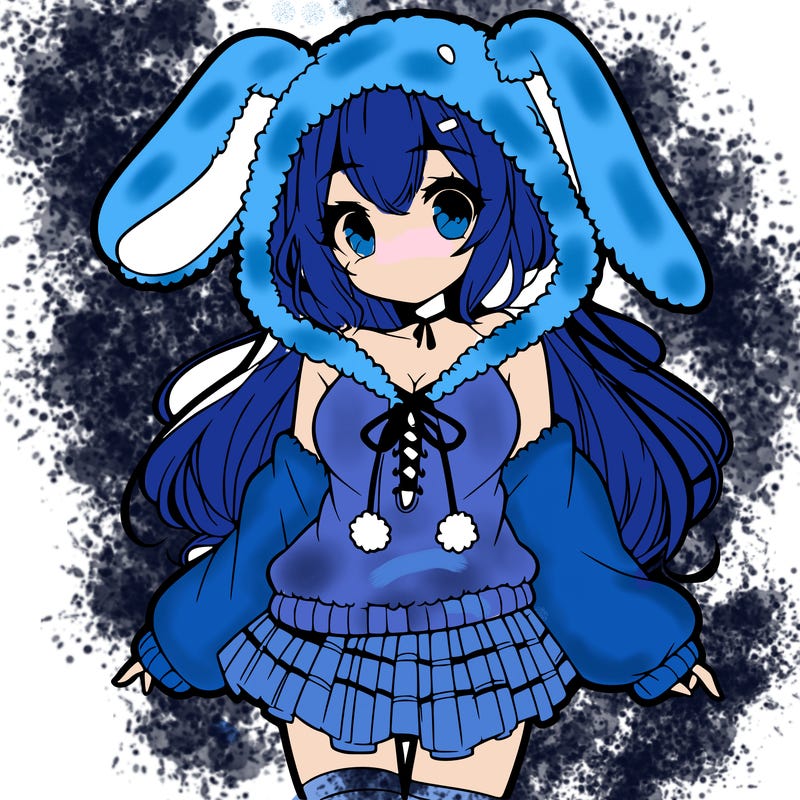 pretty anime girl wearing a fluffy hoodie with bunny ears on the hood and a skirt