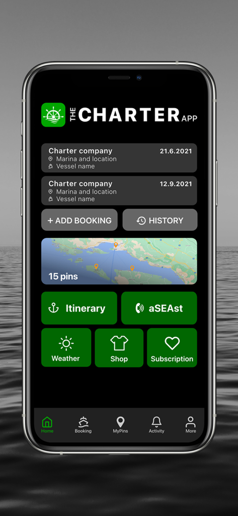 The Charter App main dashboard showing yacht booking details and nautical travel tools