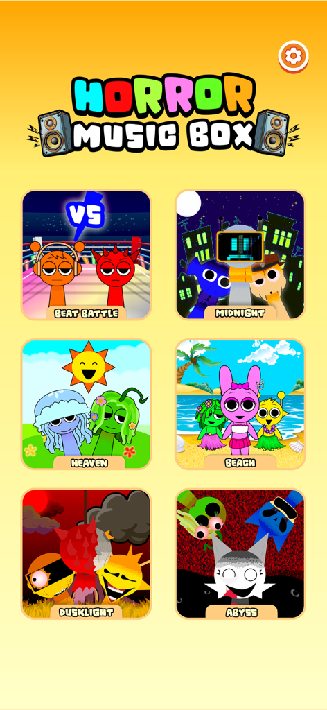 Horror Music Box - Main menu of Horror Music Box showing different level selections including Beat Battle, Heaven, and Abyss