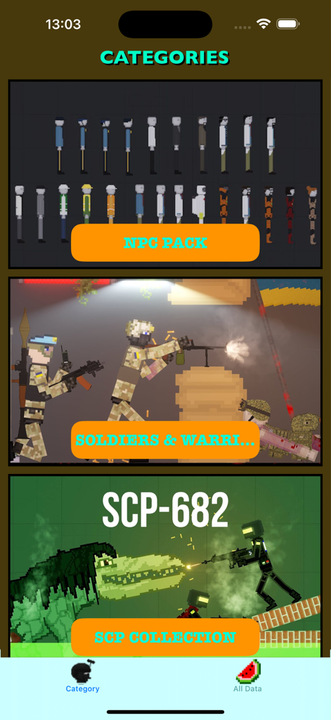 Interfaz que muestra categorías de mods para Melon Playground, incluyendo NPC Pack, Soldados y Colección SCP.