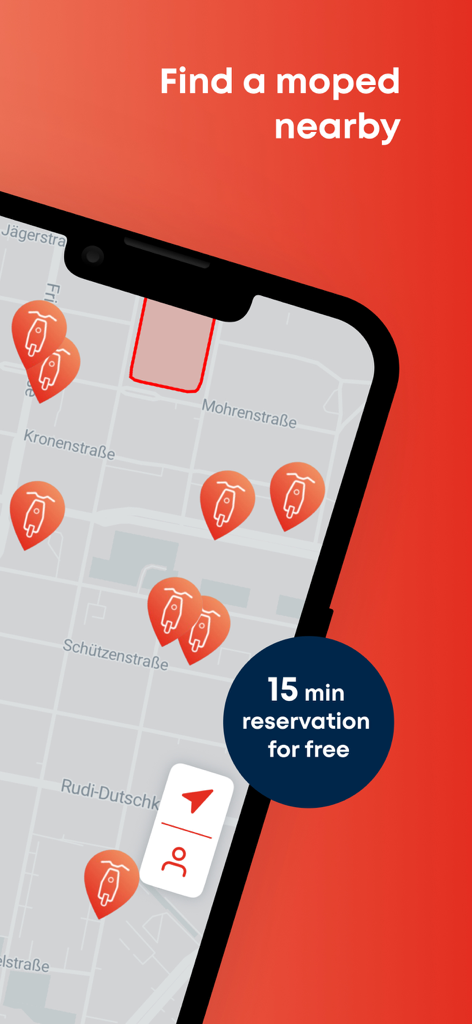 Smartphone-Bildschirm, der die emmy App-Karte mit Rollerstandorten und einem kostenlosen fünfzehnminütigen Reservierungsangebot anzeigt.