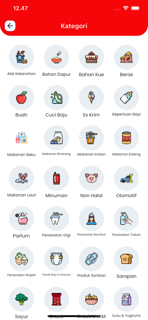 식료품 및 가정용품을 위한 Yoline 앱의 쇼핑 카테고리를 보여주는 모바일 화면