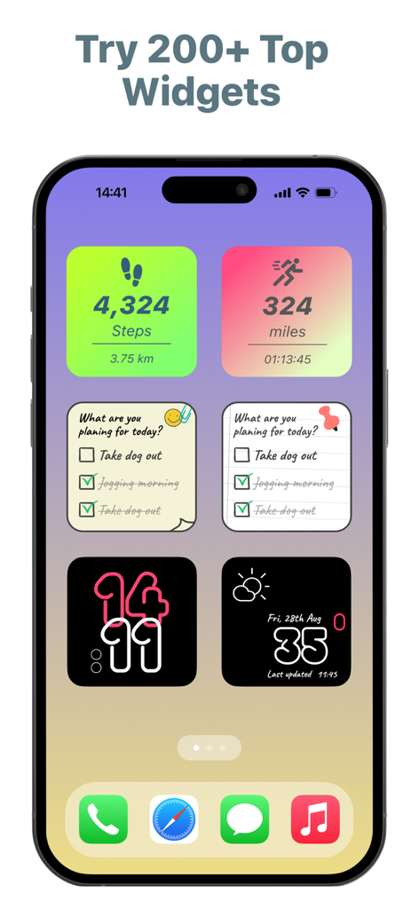 Tela inicial do iPhone exibindo rastreadores de fitness estéticos, listas de verificação e widgets de relógio