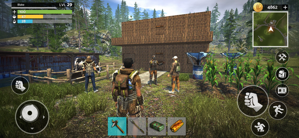 Tomorrow: MMO Nuclear Quest - Player character standing in front of a wooden shelter with crops and survival gear in a post-apocalyptic wasteland