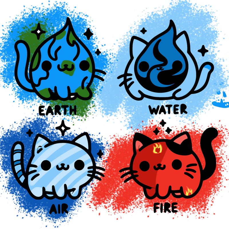 4 cats that represent the different elements, earth, water, air, and fire
