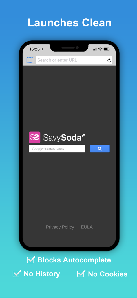 Snowbunny Private Web Browser launch screen highlighting its privacy features like blocked autocomplete no history and no cookies.