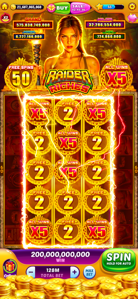 Jackpot Master™ Slots-Casino - Jackpot Master Slotsで、マルチプライヤーとフリースピンを伴う大規模な勝利を示すRaider Richesテーマ