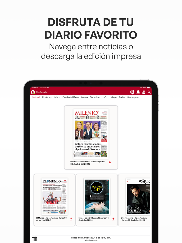 Milenio Impreso - Aplicación Milenio Impreso en iPad mostrando múltiples portadas de periódicos digitales y pestañas de navegación regionales.