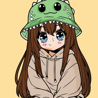 girl with anime shaped eyes with a dinosaur bucket hat oversized sweatshirt long straight hair
