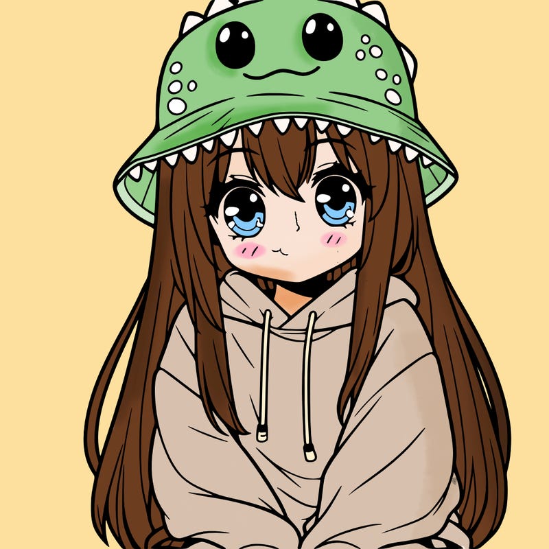 girl with anime shaped eyes with a dinosaur bucket hat oversized sweatshirt long straight hair