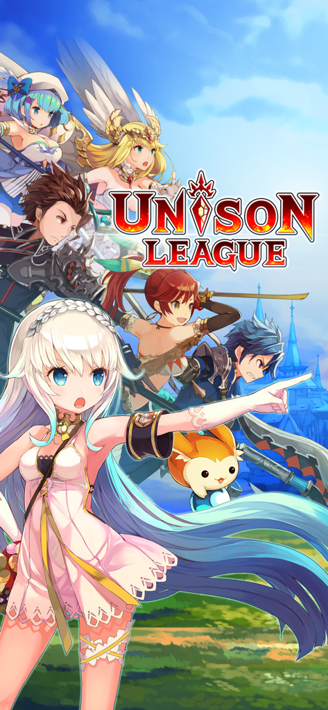 Promotional artwork for Unison League featuring diverse anime characters and the game logo