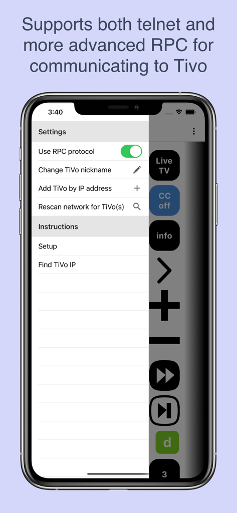 Settings menu of the TVO Remote for TiVo app on an iPhone showing RPC protocol and device management options.