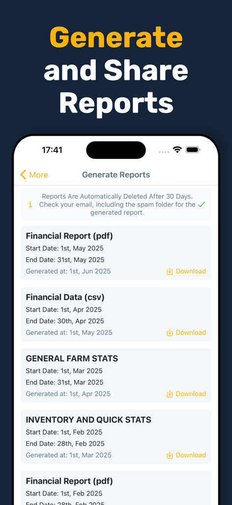 Livestock Manager Farm Tracker - Mobile app interface showing options to generate and download farm financial and inventory reports in PDF and CSV formats