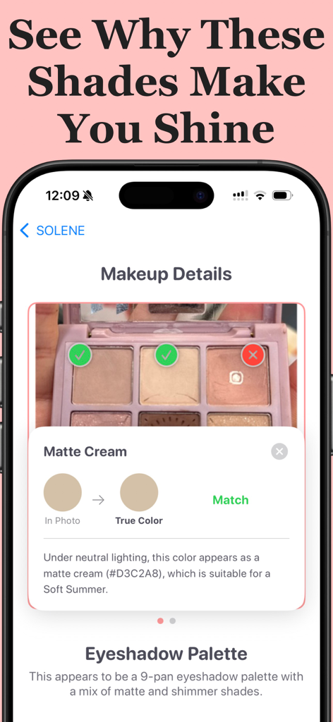 Color Analysis Look - Solene - Una pantalla de aplicación móvil que muestra un escaneo de paleta de sombras de ojos con análisis de coincidencia de color para tonos de piel de temporada