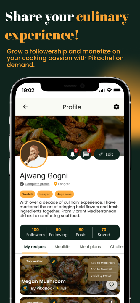 PikaBox - User profile interface on the PikaBox app showing culinary expertise and shared recipes