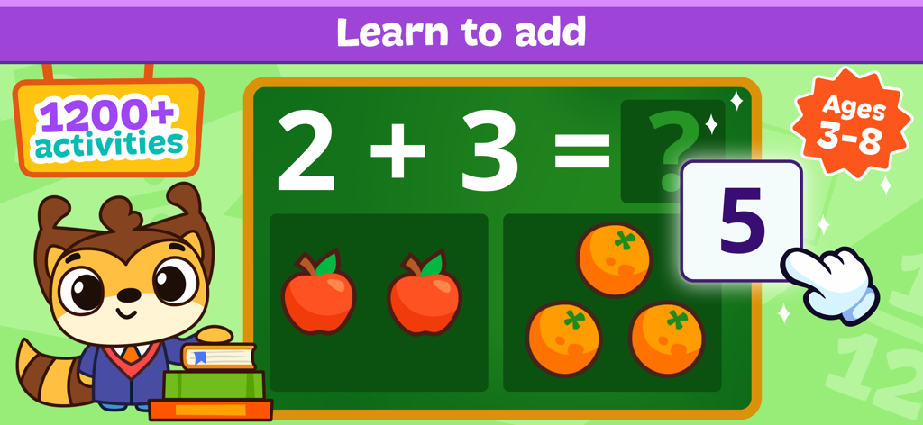 Ein Lernbildschirm für Kindermathesie, der eine Additionsaufgabe mit visuellen Fruithilfen und einer Cartoonfigur zeigt.