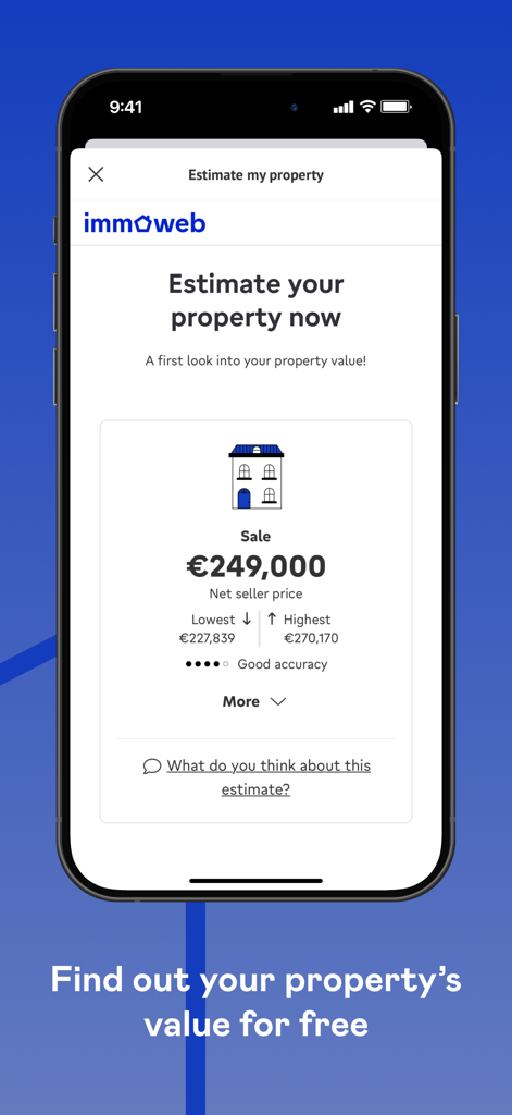 Immoweb app interface showing a free property value estimation result for a house sale