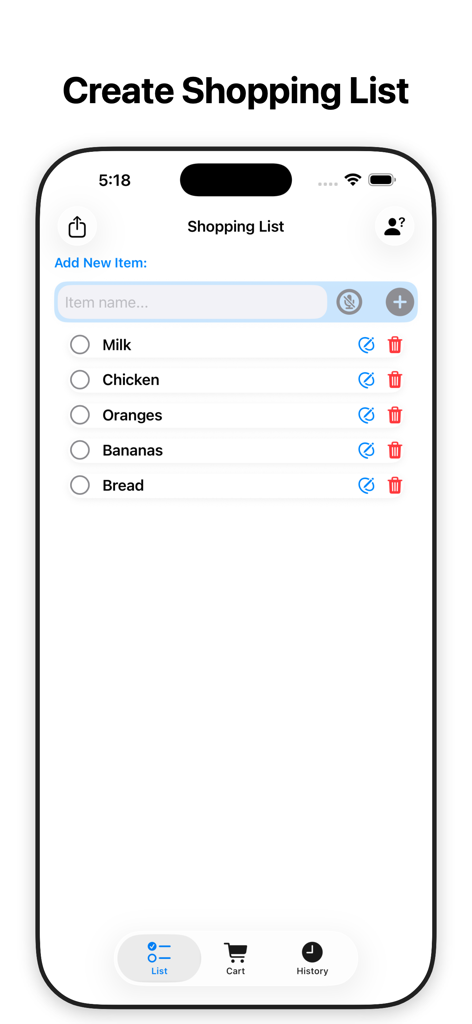 USmartCart - Una captura de pantalla de la interfaz de la aplicación USmartCart que muestra una lista de compras con artículos como leche, pollo y fruta.
