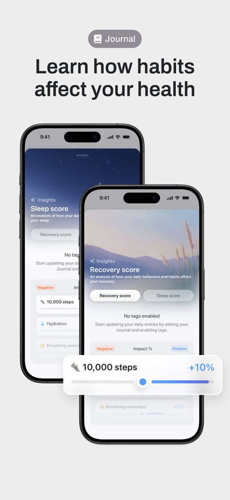 Bevel app interface showing how daily habits like steps and hydration impact recovery and sleep scores