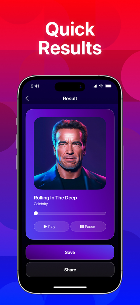 Voice Clone: Changer Song AI - Pantalla de resultados del cambiador de voz IA mostrando una portada de canción de celebridad