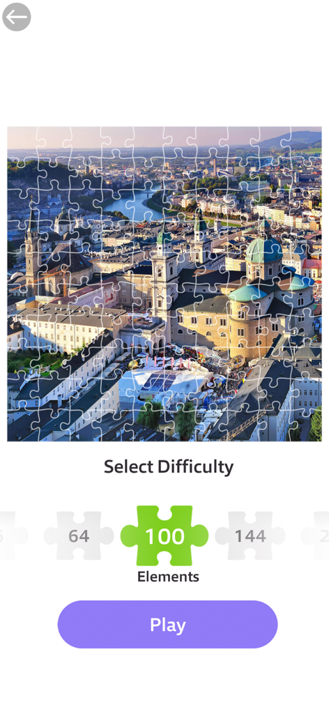 Écran de sélection de difficulté pour un puzzle de monument de ville avec cent pièces sélectionnées.