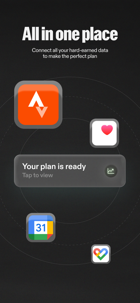 Flourish: Health & Fitness AI - Flourish app screenshot showing integrations with Strava, Apple Health, and Google Calendar to create a personalized fitness plan