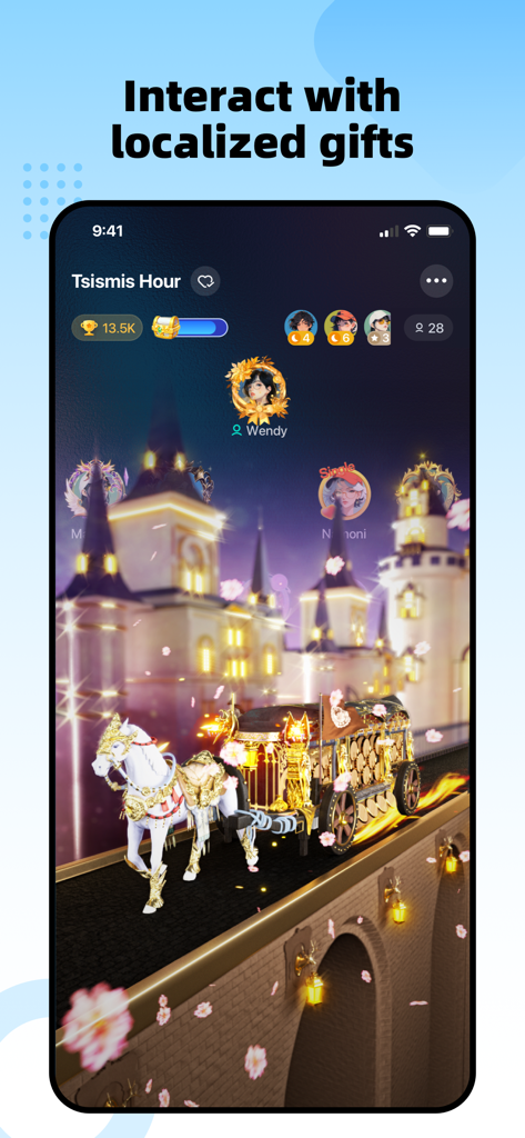 Pusov: Connect Filipinos - Interface of the Pusov app showing a virtual chat room with a decorative horse-drawn carriage gift animation.