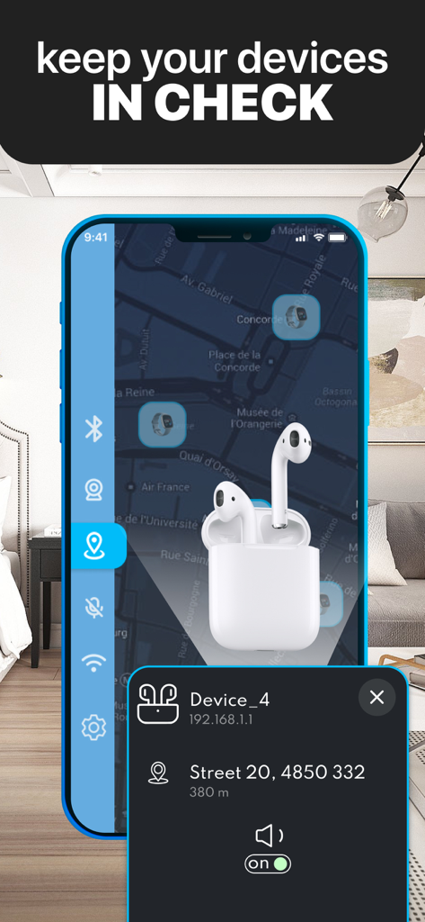 Hidden Camera DETECTOR - WLAN - Interfaz de aplicación móvil que muestra un mapa para rastrear dispositivos Bluetooth como AirPods con una ventana emergente de detalles de ubicación