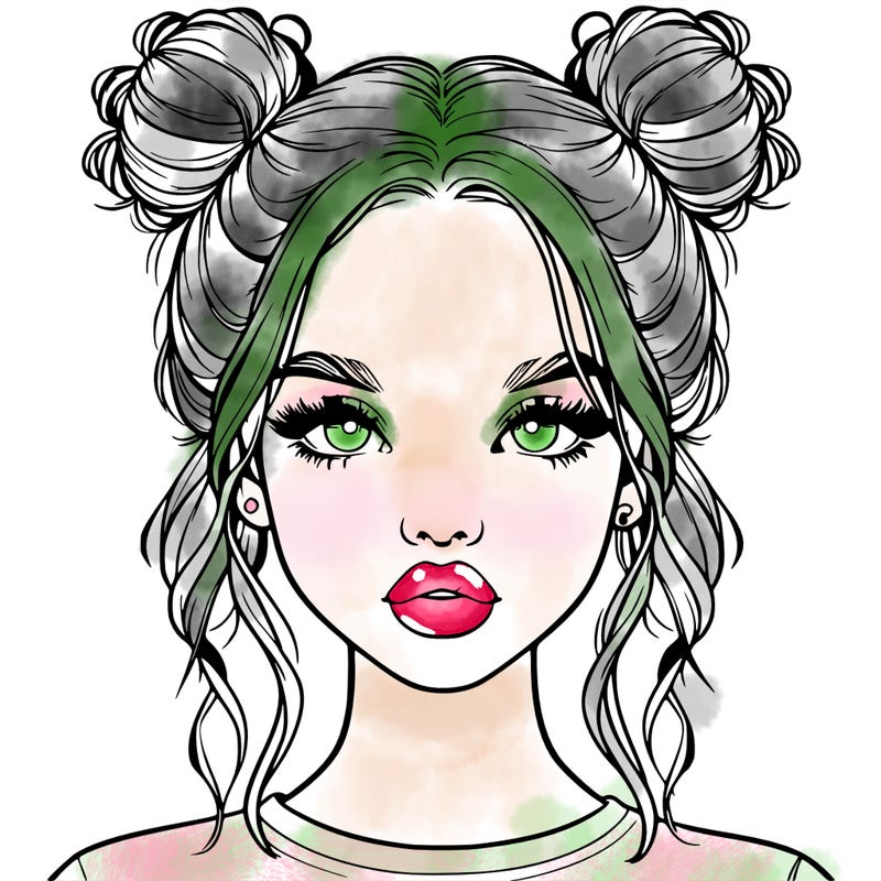 realistic girl with two buns in hair and lips