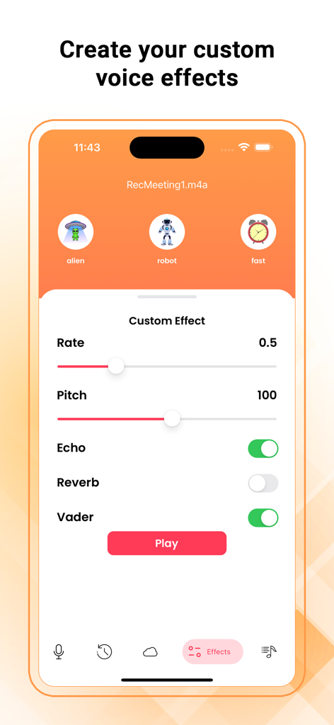 Voice Recorder - Audio Memos - ボイスレコーダーアプリのインターフェース。ピッチ、レート、エコーのカスタムオーディオエフェクト設定が表示されます。
