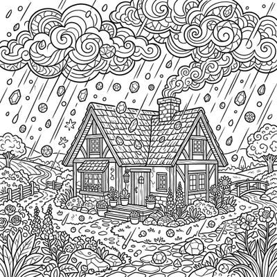 Step into a charming cottagecore world where a gentle hailstorm adds a touch of sparkling whimsy to a peaceful rural scene. This delightful coloring page combines rustic comfort with dramatic weather, offering a unique and engaging artistic adventure.