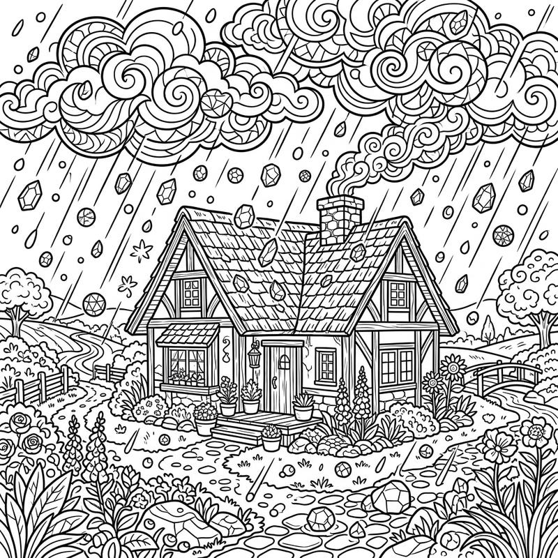 Step into a charming cottagecore world where a gentle hailstorm adds a touch of sparkling whimsy to a peaceful rural scene. This delightful coloring page combines rustic comfort with dramatic weather, offering a unique and engaging artistic adventure.