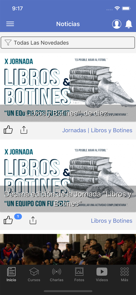 Fundación El Futbolista - Feed de notícias do aplicativo móvel Fundacion El Futbolista mostrando eventos educacionais de futebol e atualizações da comunidade