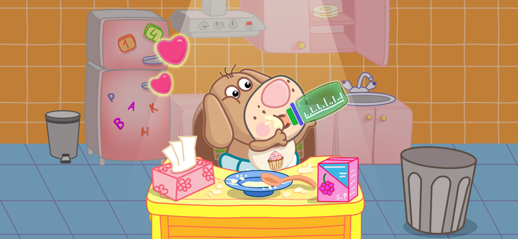 A cute virtual pet being bottle-fed in a kitchen high chair.