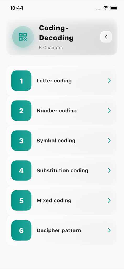 Interface showing six chapters of Coding-Decoding practice topics in the Logical Reasoning Test Pro app