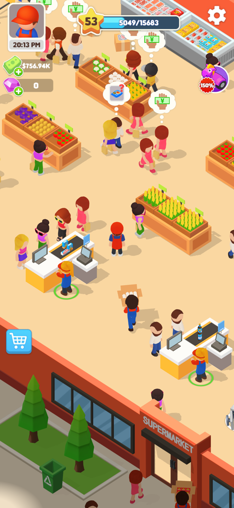 My Supermarket! - Gameplay screenshot of My Supermarket showing customers shopping and staff at checkout counters
