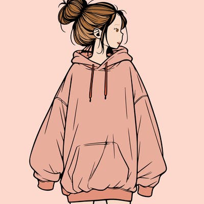 realistic girl with a oversized sweatshirt on and a bun