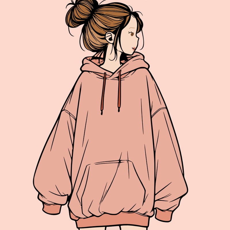 realistic girl with a oversized sweatshirt on and a bun