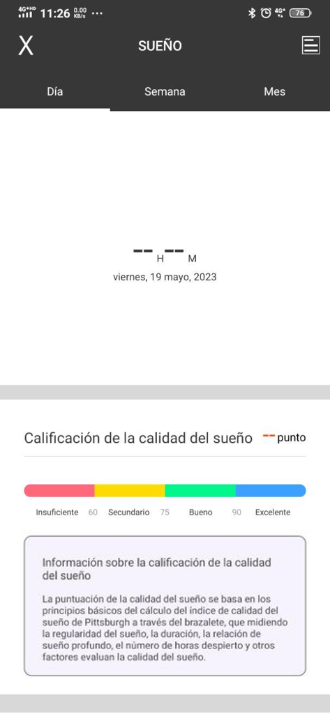 INNOVA S-WATCH - Sleep quality tracking dashboard in the INNOVA S-WATCH app showing a health rating scale and sleep metrics in Spanish