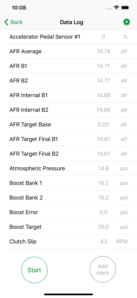 Ecrã de registo de dados da aplicação ECU Connect mostrando parâmetros do motor em tempo real, incluindo pressão de boost AFR e pressão atmosférica