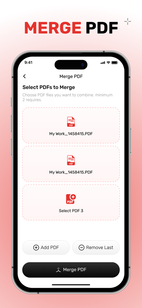 AI PDF Editor で複数の PDF ドキュメントを結合するための iPhone アプリ画面。