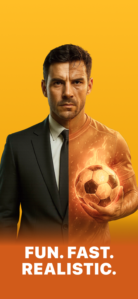 ビジネススーツ姿の男性が、輝くボールを持ったサッカー選手に変身する様子を比較した分割ポートレート