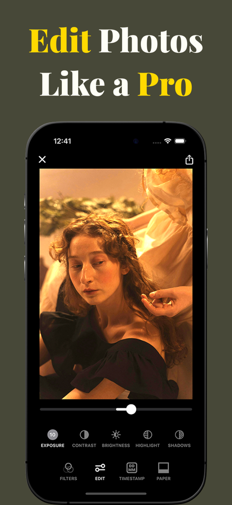 Aesthetic Photo Editor - Feyza - A smartphone screen showing the Feyza app editing interface with professional photo tools and a vintage aesthetic portrait.