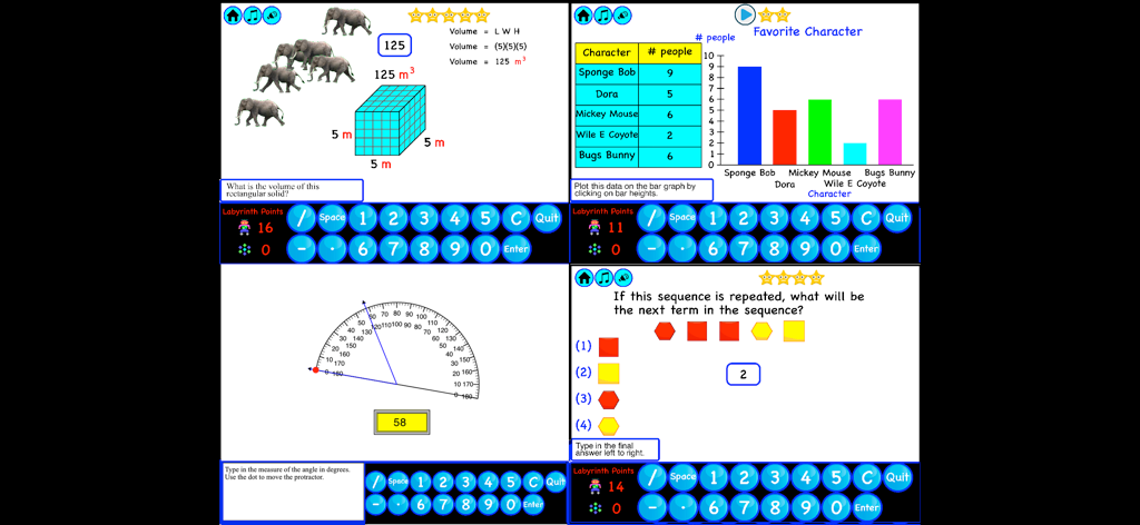 4th Grade Math - Math Galaxy - Four screenshots of the 4th Grade Math app showing geometry data and pattern exercises