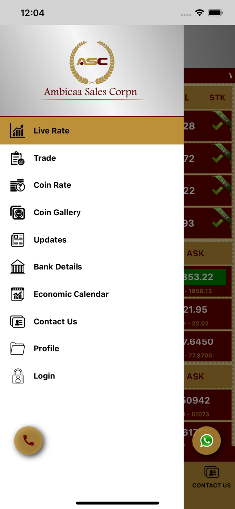 Ambicaa Spot - Ambicaa Spot app navigation sidebar with financial features and live gold rates