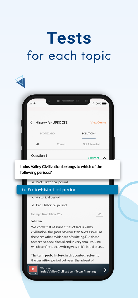 EduRev app screen showing a history test question and solution for UPSC exam preparation